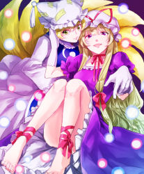 Rule 34 | 2girls, animal hat, ankle ribbon, ass, blonde hair, blush, bow, breasts, danmaku, dress, elbow gloves, floating, foreshortening, fox tail, frilled dress, frills, gloves, hair bow, hand in another&#039;s hair, hand up, hat, hat ribbon, knees together feet apart, leg ribbon, long hair, long sleeves, looking at viewer, medium breasts, mob cap, multiple girls, neck ribbon, open mouth, pink lips, platinum blonde hair, puffy short sleeves, puffy sleeves, purple background, purple dress, purple eyes, ribbon, shi megumi, short hair, short sleeves, simple background, smile, tabard, tail, thighs, toes, touhou, very long hair, white dress, white gloves, yakumo ran, yakumo yukari, yellow eyes