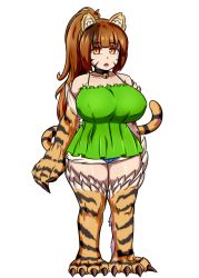 Rule 34 | 1girl, animal ears, animal hands, bare shoulders, bell, black choker, breasts, brown hair, choker, claws, collarbone, commentary, covered erect nipples, curvy, english commentary, facial mark, fang, full body, highres, huge breasts, jingle bell, jinko (monster girl encyclopedia), long hair, looking at viewer, micro shorts, monster girl, monster girl encyclopedia, monster girl encyclopedia ii, multicolored hair, nav (itsnav), neck bell, open mouth, orange eyes, ponytail, short shorts, shorts, simple background, solo, standing, streaked hair, tail, tail raised, thick thighs, thighs, tiger ears, tiger paws, tiger tail, triangle mouth, two-tone hair, whisker markings, white background, wide hips