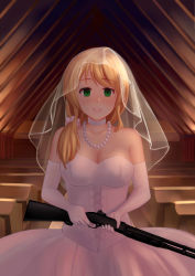 Rule 34 | 1girl, absurdres, backlighting, bad id, bad pixiv id, bare shoulders, bench, benelli armi spa, benelli m4 super 90, blank eyes, blonde hair, blood, blush, breasts, bride, chinese commentary, choker, church, cleavage, collarbone, combat shotgun, commentary, corset, couple, cross-laced clothes, dark, dress, elbow gloves, ellen baker, empty eyes, english commentary, engrish commentary, eyebrows, finger on trigger, gloves, green eyes, gun, hair ornament, hair scrunchie, head out of frame, hetero, highres, holding, holding gun, holding weapon, indoors, jewelry, large breasts, long hair, looking at viewer, low ponytail, mixed-language commentary, moegirlstudio, necklace, new horizon, non-asian, pearl necklace, pew, profanity, pump-action shotgun, pump action, revision, scrunchie, see-through, see-through silhouette, semi-automatic firearm, semi-automatic shotgun, shotgun, solo, strapless, strapless dress, text focus, textless version, underbust, veil, weapon, wedding, wedding dress, white choker, white corset, white gloves, white scrunchie, yandere