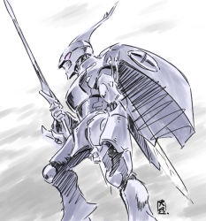 Rule 34 | clenched hands, dunbine, holding, holding sword, holding weapon, horns, insect wings, looking to the side, mecha, no humans, ootsuka ken, pink eyes, retro artstyle, robot, seisenshi dunbine, single horn, sketch, solo, sword, weapon, wings