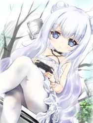 Rule 34 | + +, 1girl, azur lane, bare shoulders, bare tree, black choker, blue eyes, blush, choker, commentary request, controller, criss-cross halter, crossed legs, cube, double bun, game controller, hair between eyes, hair bun, halterneck, highres, holding, le malin (azur lane), le malin (sleepy sunday) (azur lane), long hair, looking at viewer, maru shion, pantyhose, parted lips, playstation controller, sidelocks, silver hair, sitting, sketch, solo, tree, very long hair, white pantyhose