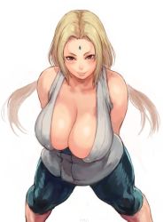 Rule 34 | 1girl, bare shoulders, blonde hair, breasts, cleavage, facial mark, forehead mark, from above, large breasts, leaning forward, legs apart, looking at viewer, low twintails, mature female, naruto, naruto (series), pants, parted bangs, shu-mai, simple background, sleeveless, smile, solo, standing, tsunade (naruto), twintails, white background