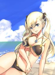 Rule 34 | 1girl, beach, bikini, black bikini, blonde hair, blue eyes, breasts, cleavage, colored skin, earrings, eden&#039;s zero, hair ornament, highres, jewelry, large breasts, long hair, looking at viewer, mashima hiro, necklace, rebecca bluegarden, smile, solo, straight hair, swimsuit, thick thighs, thigh gap, thighs, twintails, underboob, white skin, wide hips