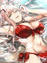 Rule 34 | 10s, 1girl, aqua eyes, bikini, breasts, cleavage, darling in the franxx, half-closed eyes, herozu (xxhrd), highres, horns, large breasts, long hair, looking at viewer, lying, navel, on back, open mouth, partially submerged, red bikini, side-tie bikini bottom, smile, solo, swimsuit, water, zero two (darling in the franxx)