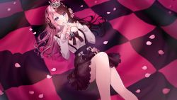 Rule 34 | 1girl, akikuriii, black bow, black hair, black ribbon, black skirt, blouse, blue eyes, bow, braid, breasts, checkered floor, collar, commentary, crown, french braid, frilled collar, frills, gem, hair bow, hands on own face, heart, highres, iris black games, lace, lace-trimmed skirt, lace trim, long hair, looking at viewer, lying, medium breasts, multicolored hair, nail polish, on back, pink bow, pink hair, ribbon, shirt, skirt, smile, solo, split-color hair, suspender skirt, suspenders, tachibana hinano (vtuber), thighs, two-tone hair, virtual youtuber, vocaloid, vspo!, world is mine (vocaloid)