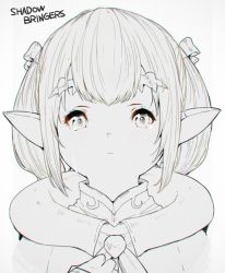 Rule 34 | 1girl, blush, bow, closed mouth, final fantasy, final fantasy xiv, grey background, greyscale, hair bow, hand up, haruken, lalafell, looking at viewer, monochrome, pointy ears, robe, sidelocks, simple background, solo, twintails, upper body