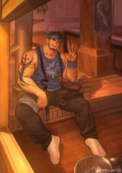 Rule 34 | 1boy, :d, arm tattoo, baimeme, bara, bare arms, beard, big feet, black hair, blue headband, blue shirt, brucie (infighter821), commission, cross, cross necklace, dungeon and fighter, facial hair, facing viewer, floor, full body, headband, highres, jewelry, large hands, large pectorals, leg belt, male focus, male priest (dungeon and fighter), mature male, muscular, muscular male, necklace, open mouth, pectorals, second-party source, shirt, short hair, sitting, sleeveless, sleeveless shirt, smile, socks, solo, sunset, tattoo, thick eyebrows, thick thighs, thighs, v, white socks, wooden