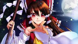 Rule 34 | 1girl, absurdres, ascot, bow, brown hair, cloud, detached sleeves, frills, full moon, gohei, hair bow, hair tubes, hakurei reimu, highres, holding, holding gohei, long hair, looking at viewer, moon, night, night sky, outdoors, reaching, reaching towards viewer, red bow, red eyes, roozaku, sky, smile, solo, star (sky), starry sky, touhou, white sleeves, yellow ascot