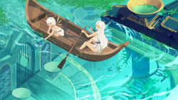 Rule 34 | 2girls, :o, angel, animal, bad id, bad pixiv id, bare arms, bare shoulders, blue eyes, boat, bowl, breasts, day, detached wings, dress, fantasy, fish, fishing net, from above, gate, hair flaps, halo, highres, holding, leaf, long hair, looking at viewer, looking away, looking down, looking up, medium breasts, multiple girls, oar, original, outdoors, pointing, red eyes, ruins, sash, seiza, short hair, side slit, sitting, sleeveless, sleeveless dress, strap slip, transparent wings, underwater city, wangxiii, water, watercraft, white dress, white hair, wings