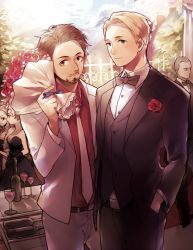 Rule 34 | 2boys, blonde hair, blue eyes, bouquet, boutonniere, bow, bowtie, brown eyes, brown hair, facial hair, flower, formal, marvel, mayer, multiple boys, mustache, necktie, party, red flower, red rose, rose, steve rogers, suit, tony stark, traditional bowtie