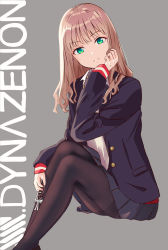 Rule 34 | 1girl, black jacket, black pantyhose, brown hair, closed mouth, copyright name, feet out of frame, frown, green eyes, grey skirt, gridman universe, twirling hair, highres, holding, jacket, long hair, long sleeves, looking at viewer, minami yume, miniskirt, open clothes, open jacket, pantyhose, pleated skirt, school uniform, sitting, skirt, solo, ssss.dynazenon, straight hair, thighband pantyhose, tsmkn26