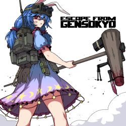 Rule 34 | 1girl, bandaid, bandaid on face, bayonet, bipod, black gloves, blood, bloody weapon, blue dress, blue hair, commentary, dress, english commentary, escape from tarkov, foregrip, formicid, gloves, glowstick, green bag, hammer, holding, magazine (weapon), night vision, parody, rabbit ears, radio antenna, red eyes, scope, seiran (touhou), solo, star (symbol), star print, title parody, touhou, weapon, white background