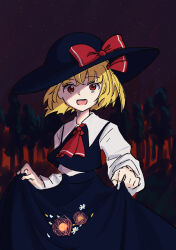 Rule 34 | 1girl, absurdres, adapted costume, ascot, black hat, black skirt, black vest, blonde hair, bow, chinese lantern (plant), collared shirt, fang, forest, hat, hat bow, highres, long sleeves, looking at viewer, medium hair, nature, necktie, one-hour drawing challenge, outdoors, red ascot, red bow, red eyes, red necktie, rumia, shirt, skirt, skirt basket, skirt hold, skirt set, sky, solo, star (sky), starry sky, teeth, touhou, tree, upper teeth only, uzumibi, vest, white shirt
