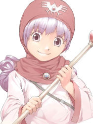 Rule 34 | 1girl, akinbo (hyouka fuyou), backpack, bag, bandana, brooch, chunsoft, dragon quest, dragon quest ii, dress, enix, gem, gen (susono01), head scarf, holding, holding wand, jewelry, long sleeves, looking at viewer, ornament, princess of moonbrook, rod, shirt, silver hair, smile, solo, staff, upper body, wand, white dress, white shirt, aged down