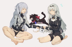 Rule 34 | 2girls, absurdres, ak-12 (girls&#039; frontline), an-94 (girls&#039; frontline), animal ears, bbsinday, black gloves, black panties, blonde hair, blue eyes, braid, cat, cat ears, cat tail, closed eyes, cup, feet, french braid, girls&#039; frontline, gloves, hairband, highres, jumping, long hair, long sleeves, multiple girls, on floor, panties, red eyes, red neckwear, scarf, simple background, spilling, st ar-15 (girls&#039; frontline), tactical clothes, tagme, tail, thigh strap, underwear, white background, white hair