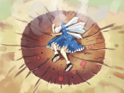 Rule 34 | 1girl, blue hair, bow, cirno, crater, death, dirty, dirty clothes, dragon ball, dragonball z, dress, embodiment of scarlet devil, hair bow, hyuuga azuri, meme, outdoors, parody, power-up, shoes, short hair, socks, solo, touhou, white socks, wings, yamcha, yamcha pose (meme)