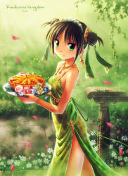 Rule 34 | 1girl, bare shoulders, black hair, blush, cake, china dress, chinese clothes, double bun, dress, food, garden, green dress, green eyes, kankurou, looking at viewer, nature, original, outdoors, plate, short hair, side slit, solo, standing