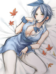 Rule 34 | 1girl, autumn leaves, bad id, bad pixiv id, bed sheet, blue bow, blue dress, blue hairband, blue ribbon, blush, bow, breasts, cinderella girls gekijou, cleavage, collarbone, collared shirt, dress, dress shirt, grey hair, hair ribbon, hairband, hand up, hayami kanade, head tilt, highres, idolmaster, idolmaster cinderella girls, idolmaster cinderella girls starlight stage, kuguri oimo, large breasts, looking at viewer, lying, on back, pantyhose, parted lips, ribbon, shirt, sketch, sleeveless, sleeveless dress, sleeveless shirt, solo, white pantyhose, white shirt, wrist cuffs, yellow eyes