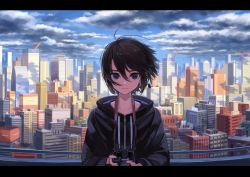 Rule 34 | 1girl, black eyes, black hair, building, camera, camera around neck, city, cityscape, cloud, cloudy sky, day, earrings, female focus, hair between eyes, highres, jacket, jewelry, kaneni, letterboxed, looking at viewer, original, outdoors, railing, scenery, short hair, single earring, sky, solo, tomboy, wind