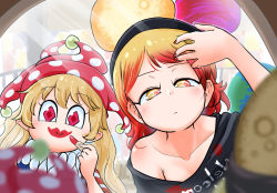 Rule 34 | 2girls, american flag, american flag dress, american flag print, american flag shirt, blonde hair, chamaji, clownpiece, commentary request, cosmetics, diamond-shaped pupils, diamond (shape), dress, earth (ornament), fairy, frilled shirt collar, frills, hat, hecatia lapislazuli, hecatia lapislazuli (moon), jester cap, lipstick, lipstick tube, long hair, looking at mirror, makeup, medium hair, mirror, mirror image, moon (ornament), multiple girls, neck ruff, off shoulder, pink eyes, pointy ears, polka dot, polka dot headwear, print shirt, red lips, reflection, shirt, short sleeves, smile, striped clothes, striped dress, symbol-shaped pupils, t-shirt, touhou