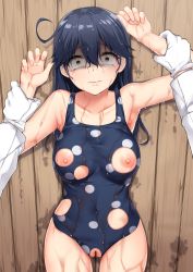 Rule 34 | 10s, 1girl, absurdres, admiral (kancolle), against wall, ahoge, arm up, armpits, bags under eyes, bare arms, bare shoulders, black hair, breasts, brown eyes, censored, constricted pupils, covered navel, cowboy shot, curvy, dripping, game cg, gloves, hair between eyes, hetero, highres, holding another&#039;s wrist, imminent rape, jack dempa, kabedon, kantai collection, large breasts, long hair, long sleeves, looking at viewer, nipples, polka dot, polka dot swimsuit, pussy, restrained, scared, solo focus, standing, swimsuit, tears, thighs, ushio (kancolle), very long hair, water, wet, wet clothes, wet hair, wet swimsuit, wooden wall
