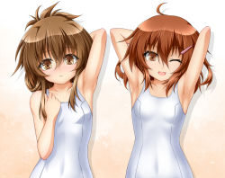 Rule 34 | 10s, 2girls, ;d, ahoge, alternate costume, arm up, armpits, arms up, blush, brown eyes, brown hair, fang, folded ponytail, hair ornament, hairclip, ikazuchi (kancolle), inazuma (kancolle), kantai collection, looking at viewer, multiple girls, one-piece swimsuit, one eye closed, open mouth, roura, school swimsuit, school uniform, short hair, smile, swimsuit, white school swimsuit, white one-piece swimsuit