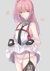 Rule 34 | 1girl, absurdres, angry, black gloves, black necktie, black thighhighs, blue eyes, bow, bow panties, breasts, closed mouth, clothes lift, dress, dress lift, feet out of frame, garter straps, girls&#039; frontline, gloves, grey background, hair between eyes, highres, lifting own clothes, long hair, looking at viewer, martinreaction, necktie, panties, partially fingerless gloves, pink hair, side ponytail, single thighhigh, small breasts, solo, st ar-15 (girls&#039; frontline), standing, thighhighs, underwear, unhappy, white dress, white panties