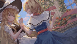 Rule 34 | 2girls, alice margatroid, apron, arm grab, black headwear, black skirt, black vest, blonde hair, blue dress, blue sky, blush, bow, capelet, cloud, cowboy shot, day, dress, dutch angle, flower, frilled apron, frills, from behind, grabbing, hair between eyes, hairband, hands up, hat, hat bow, kirisame marisa, long hair, looking at another, maachi (fsam4547), multiple girls, outdoors, profile, puffy short sleeves, puffy sleeves, red flower, red hairband, red neckwear, red sash, sash, shirt, short hair, short sleeves, skirt, skirt set, sky, standing, touhou, v-shaped eyebrows, very long hair, vest, waist apron, white apron, white bow, white capelet, white shirt, witch hat, yellow eyes