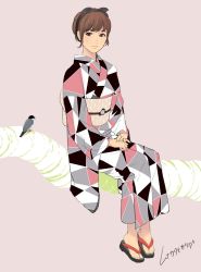 Rule 34 | 1girl, bird, black bow, bow, brown eyes, brown hair, closed mouth, commentary request, full body, grey background, hair bow, hairband, japanese clothes, java sparrow, kimono, long sleeves, looking at viewer, munakata (hisahige), no socks, obi, original, sandals, sash, short hair, signature, simple background, sitting, smile, solo, wide sleeves