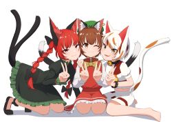 Rule 34 | 3girls, absurdres, animal ear fluff, animal ears, asakura haru, bare legs, barefoot, black bow, black footwear, bow, breasts, brown eyes, brown hair, cat ears, cat girl, cat tail, chen, commentary request, double v, dress, earrings, goutokuji mike, green dress, hair bow, hair ribbon, hand up, hands up, highres, jewelry, juliet sleeves, kaenbyou rin, light blush, light smile, long sleeves, looking at viewer, multicolored hair, multiple girls, multiple tails, nekomata, no socks, orange eyes, puffy sleeves, red hair, ribbon, seiza, shadow, short hair, single earring, sitting, slit pupils, small breasts, straight-on, streaked hair, tail, textless version, toes, touhou, tress ribbon, two tails, v, yuri
