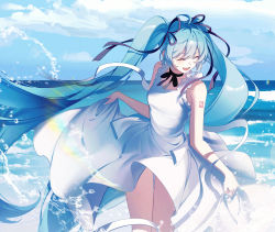 Rule 34 | 1girl, absurdres, bare arms, black choker, black ribbon, blue hair, blue nails, blue sky, breasts, choker, closed eyes, cloud, cloudy sky, collarbone, day, dot nose, dress, feet out of frame, fingernails, floating hair, foam, frilled straps, frills, hair between eyes, hair ribbon, happy, hatsune miku, highres, horizon, kanvien, laughing, lens flare, light particles, long hair, motion blur, nail polish, number tattoo, open mouth, outdoors, ribbon, ribbon choker, shoulder tattoo, sidelighting, sidelocks, skirt hold, sky, sleeveless, sleeveless dress, small breasts, solo, spaghetti strap, splashing, standing, striped ribbon, sundress, tattoo, teeth, thigh gap, twintails, upper teeth only, very long hair, vocaloid, water, water drop, white dress