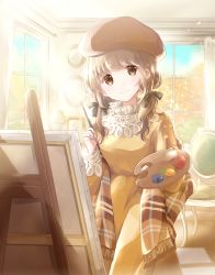 Rule 34 | 1girl, arms up, autumn, autumn leaves, beret, blue sky, brown eyes, brown hair, brown hat, canvas (object), chair, commentary request, curtains, day, dress, easel, hair ribbon, hat, head tilt, high collar, highres, holding, holding brush, hoshiibara mato, indoors, lace-trimmed sleeves, lace collar, lace trim, lamp, light particles, long sleeves, looking at viewer, low twintails, mirror, original, paintbrush, palette (object), picture frame, plaid shawl, ribbon, shawl, short hair, sky, smile, solo, twintails, window, yellow dress