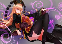 Rule 34 | 1girl, black dress, black thighhighs, breasts, chinese clothes, crescent, dress, earrings, empty eyes, energy, flipped hair, hat, jewelry, junko (touhou), large breasts, long hair, long sleeves, looking at viewer, nail polish, orange hair, parted lips, purple nails, raptor7, red eyes, sash, solo, tabard, thighhighs, thighs, touhou, wide hips, wide sleeves