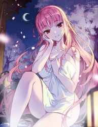 Rule 34 | 1girl, artist name, bare arms, bare shoulders, blunt bangs, blush, breasts, cherry blossoms, cleavage, collarbone, commission, crescent moon, feet out of frame, hand on own cheek, hand on own face, kneeling, lantern, large breasts, long hair, looking at viewer, moon, naked towel, night, night sky, onsen, original, outdoors, parted lips, petals, pink hair, red eyes, sky, smile, solo, soriya, towel, twitter username, very long hair