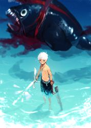 Rule 34 | 1boy, ahoge, animal, aynoh, belt, black eyes, bleeding, blood, death, fish, giant fist, highres, holding, holding sword, holding weapon, injury, jewelry, necklace, ocean, open mouth, original, oversized animal, partially submerged, scabbard, sharp teeth, sheath, shorts, smile, sword, teeth, topless male, unsheathed, wading, water, weapon, white hair
