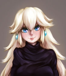 Rule 34 | 1girl, alternate hair color, black sweater, blue eyes, breasts, earrings, eyelashes, grey background, highres, jewelry, lips, long hair, looking at viewer, mario (series), nintendo, nose, nostrils, osakasa, princess peach, simple background, smile, solo, sweater, turtleneck, turtleneck sweater, upper body, white hair, wrinkled skin