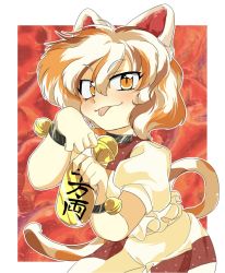 Rule 34 | 1girl, animal ears, artist request, bell, calico, cat ears, cat girl, cat tail, coin, crop top, gesture, gold, goutokuji mike, jingle bell, koban (gold), maneki-neko, multicolored clothes, multicolored hair, multicolored shirt, multicolored shorts, multicolored tail, neck bell, orange eyes, patch, patchwork clothes, paw pose, short hair, shorts, streaked hair, tail, tongue, tongue out, touhou, white hair