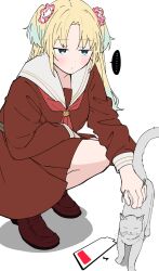 Rule 34 | ..., 1girl, battery indicator, blonde hair, blue eyes, blush, brown dress, brown footwear, cat, closed mouth, commentary request, dress, hasu no sora school uniform, highres, jitome, link! like! love live!, liz (piyoko piyop), loafers, long hair, long sleeves, looking at viewer, love live!, motion lines, neckerchief, osawa rurino, parted bangs, petting, red neckerchief, sailor collar, school uniform, shadow, shoes, solo, spoken ellipsis, squatting, twintails, virtual youtuber, white background, white sailor collar, winter uniform