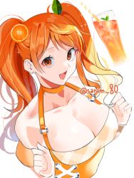 Rule 34 | 1girl, bare shoulders, breasts, cleavage, collarbone, cup, drinking glass, drinking straw, earrings, food, fruit, hair ornament, hands up, jewelry, joman, juice, large breasts, long hair, looking at viewer, mandarin orange, nami (one piece), one piece, open mouth, orange eyes, orange hair, solo, twintails, twitter username, upper body, white background