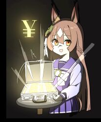 Rule 34 | 1girl, animal ears, briefcase, brown eyes, brown hair, commentary request, dark background, empty eyes, glowing, hair between eyes, hair ornament, highres, horse ears, horse tail, looking at viewer, money, open mouth, satono diamond (umamusume), school uniform, simple background, solo, tail, takuan (taku1219oekaki), tracen school uniform, umamusume, yen