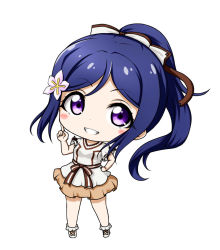 Rule 34 | 1girl, blue hair, blush, boots, bow, breasts, brown bow, brown skirt, chibi, flower, full body, grin, hair bow, hair flower, hair ornament, hand on own hip, hand up, index finger raised, kuena, long hair, looking at viewer, love live!, love live! sunshine!!, matsuura kanan, parted bangs, pink flower, ponytail, purple eyes, shirt, short sleeves, sidelocks, simple background, skirt, small breasts, smile, solo, standing, striped, striped bow, very long hair, white background, white bow, white footwear, white shirt