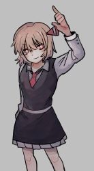 Rule 34 | 1girl, absurdres, arm up, bad id, bad twitter id, belt, black dress, blonde hair, bow, closed mouth, collared shirt, dress, grey background, hair between eyes, hair bow, highres, long sleeves, necktie, pointing, pointing up, rbfnrbf (mandarin), red bow, red eyes, red necktie, rumia, shirt, short hair, simple background, sleeveless, sleeveless dress, smile, solo, touhou, v-shaped eyebrows, white belt, white shirt, white sleeves