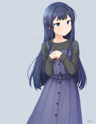 Rule 34 | 1girl, absurdres, basa rutan, black sweater, blue eyes, blue hair, blush, closed mouth, dress, grey background, highres, idolmaster, idolmaster million live!, long hair, long sleeves, looking away, looking to the side, mogami shizuka, own hands together, purple dress, signature, sleeveless, sleeveless dress, sleeves past wrists, solo, spoken blush, sweater, very long hair