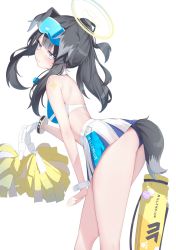 Rule 34 | 1girl, animal ears, ass, back, backless outfit, bare arms, bare shoulders, black hair, blue archive, blue eyes, blue panties, breasts, cheerleader, crop top, dog ears, dog girl, dog tail, from side, goggles, goggles on head, halo, hibiki (blue archive), hibiki (cheer squad) (blue archive), highres, holding, long hair, looking at viewer, looking to the side, medium breasts, midriff, millennium cheerleader outfit (blue archive), miniskirt, panties, pleated skirt, pom pom (cheerleading), ponytail, reinama, skirt, sleeveless, solo, tail, thighs, underwear, white skirt