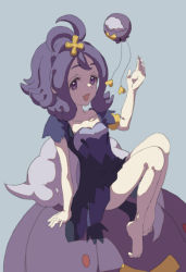 Rule 34 | 1girl, :3, :d, acerola (pokemon), aircraft, armlet, balloon, bare arms, bare legs, blue background, cloud, creatures (company), dirigible, dress, drifblim, drifloon, elite four, evolutionary line, flat chest, flipped hair, game freak, gen 4 pokemon, hair ornament, half updo, heart, nintendo, npc trainer, open mouth, pokemon, pokemon (creature), pokemon sm, purple dress, purple hair, short hair, simple background, sitting, smile, solo, stitches, tomason, torn clothes, torn dress, torn sleeves, trial captain