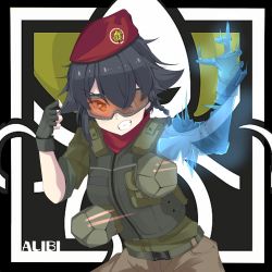 Rule 34 | 1girl, absurdres, alibi (rainbow six siege), alibi (rainbow six siege) (cosplay), anzio (emblem), arm up, belt, beret, black belt, black gloves, black hair, body armor, braid, brown eyes, brown pants, character name, collar, commentary request, cosplay, emblem, fingerless gloves, girls und panzer, gloves, green jacket, grin, hair over one eye, hair tie, hat, highres, hologram, jacket, kshimu, leaning forward, long sleeves, looking at viewer, military hat, pants, partial commentary, pepperoni (girls und panzer), rainbow six siege, red collar, red hat, robot, short hair, side braid, sleeves rolled up, smile, solo, standing, tactical clothes, upper body, v-shaped eyebrows