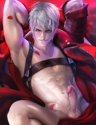 Rule 34 | 1boy, abs, armpits, arms behind head, blue eyes, coat, dante (devil may cry), devil may cry (series), highres, looking at viewer, male focus, navel, open clothes, open coat, penis, petals, red coat, red theme, sakimichan, short hair, smile, solo, uncensored, unzipped, upper body, white hair