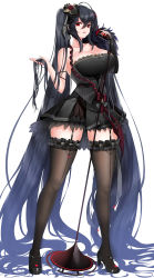 Rule 34 | 1girl, absurdly long hair, asymmetrical sleeves, azur lane, bare shoulders, black dress, black footwear, black hair, black jacket, black thighhighs, breasts, cleavage, crossed bangs, detached sleeves, dress, frilled thighhighs, frills, full body, garter straps, hair ornament, hand in own hair, high heels, highres, holding, holding microphone stand, jacket, large breasts, long hair, microphone, microphone stand, minoshi, red eyes, shoes, short dress, simple background, single detached sleeve, sleeveless, sleeveless jacket, solo, strapless, strapless dress, taihou (azur lane), taihou (muse) (azur lane), thighhighs, uneven sleeves, very long hair, white background