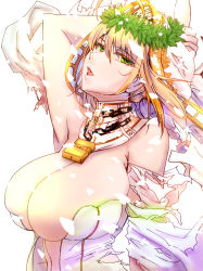 Rule 34 | 10s, 1girl, arm behind head, armpits, blonde hair, breasts, cleavage, dearmybrothers, fate/extra, fate/extra ccc, fate (series), green eyes, large breasts, lock, looking at viewer, navel, nero claudius (bride) (fate), nero claudius (bride) (third ascension) (fate), nero claudius (fate), nero claudius (fate) (all), open mouth, solo, teeth