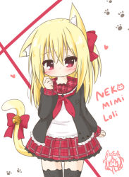 Rule 34 | 1girl, animal ear fluff, animal ear legwear, animal ears, bell, black jacket, black thighhighs, blonde dog girl (ri-net), blonde hair, blush, bow, cat ear legwear, cat ears, cat girl, cat tail, closed mouth, commentary request, cowboy shot, hair between eyes, hair bow, hand up, heart, jacket, jingle bell, lace, lace-trimmed shirt, lace trim, long hair, long sleeves, looking at viewer, neckerchief, one side up, open clothes, open jacket, original, paw print, paw print background, plaid, plaid sailor collar, plaid skirt, pleated skirt, red bow, red eyes, red neckerchief, red sailor collar, red skirt, ri-net, romaji text, sailor collar, shirt, skirt, solo, tail, tail bell, tail bow, tail ornament, thighhighs, white background, white shirt